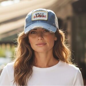 Judith March Y'all Patch Trucker Hat Mesh Back Floral Denim Distressed